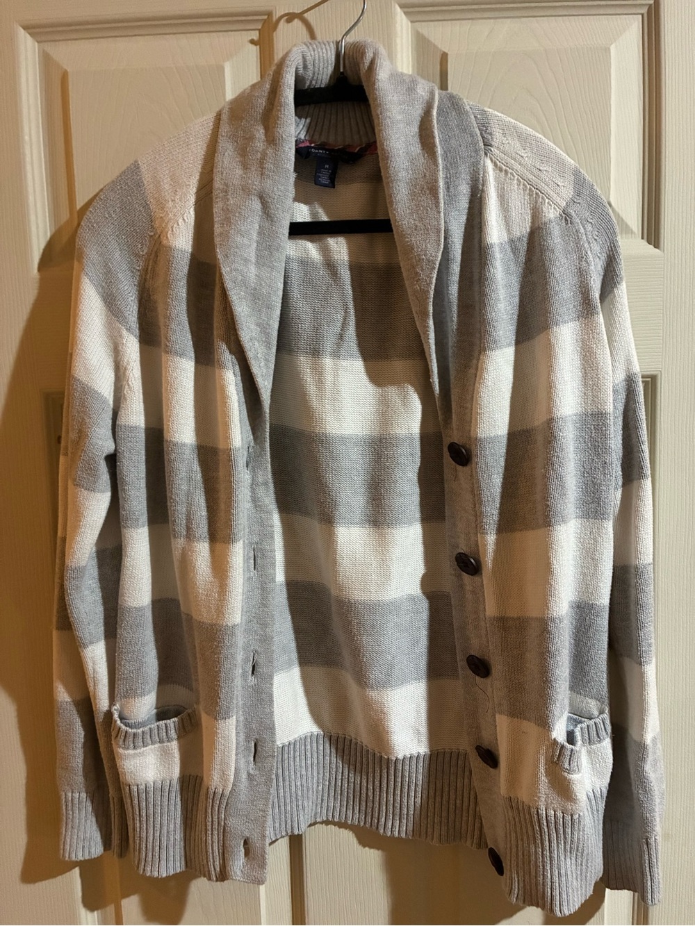 Tommy Hilfiger Men’s Shawl Collar Striped Cardigan - Gray & Cream